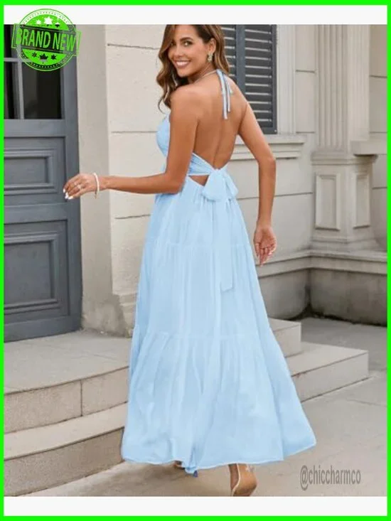 Maxi Halter V-Neck Backless Bow Dress Flowy Ruffle Sundress Women's Size - Picture 3 of 6